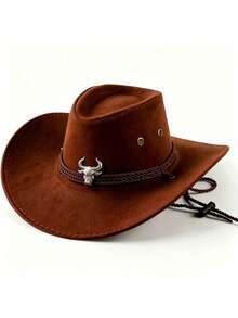 1pc Unisex Western Cowboy Hat, Sun Protection Jazz Hat, Suitable For All Seasons, Ideal For Outdoor Activities, Horse Riding, Gatherings And Photography. Foldable And Easy To Carry. - Double-rope Plush Cow - View 5