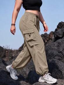 Women's Y2K Cargo Pants, Elastic Waist Wide Leg Sweatpants With Side Pockets, Adjustable Cuffs, Streetwear Style Solid Color Casual Straight Leg Pants, Joggers - Khaki - View 3
