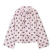 French Polka Dot Puff Sleeve Blouse, Elegant Back Bow Design Front Button-Up Top, Vacation Style Pink - Pink - View 4
