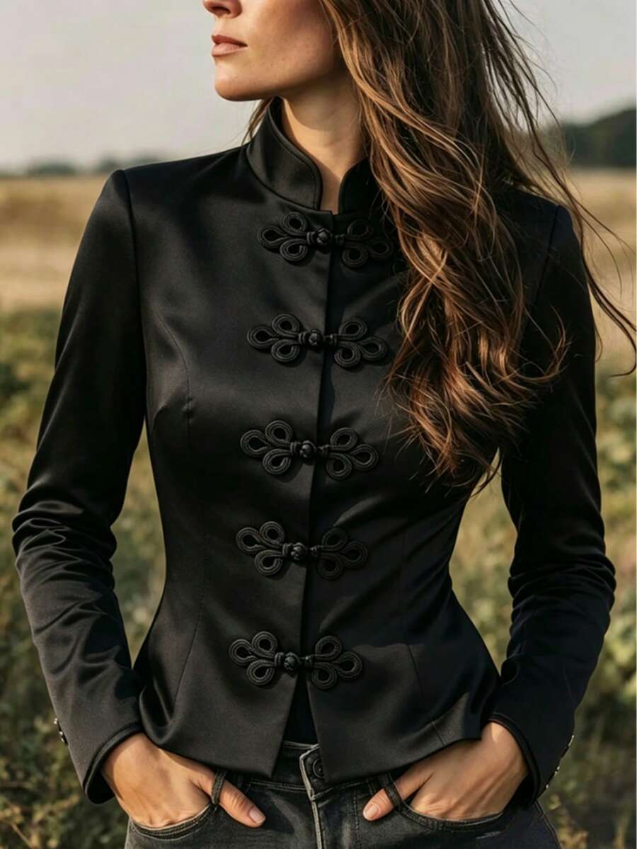 Cardigan lengan panjang leher bulat hitam elegan dan bergaya serbaguna dengan kancing bergaya retro untuk wanita - sempurna untuk pakaian musim gugur.