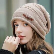 1pc Solid Color Elegant Polyester (Polyester) Korean Style Autumn/Winter Fashion New Versatile Beanie Hat Cold Weather Hat Women's Fashion Slouchy Hat Beanie Hat Letter Design Face-Slimming - One Size Fits All - View 4