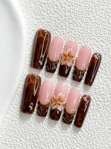 10件裝秋季梅納德風手工穿戴甲，Polygel美甲套組，鏈條與花卉棕色指甲油，復古風，含美甲工具，3種尺寸可選，杏仁/鴨嘴/棺材形，適合派對、跳舞、日常穿戴（手工細節可能有所不同） - 彩色 - 查看 4