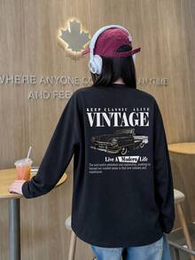 Women's Spring/Autumn Loose Fit Versatile Round Neck Fashion Casual Letter & Cartoon Car Print Long Sleeve T-Shirt - Black - View 4