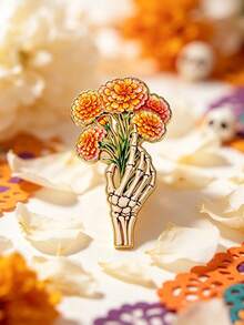 Halloween Skeleton Hand Holding Bouquet Brooch, Bone Hand Holding Orange Yellow Chrysanthemum Design Brooch, Dark Romantic Gothic Style Coat Sweater Backpack Hat Decoration Accessory - A - View 4
