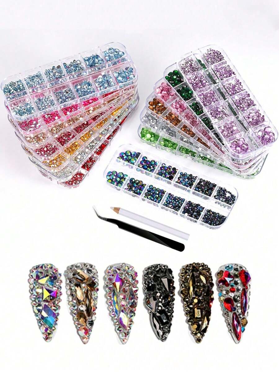 12-Grid Christmas Rhinestone Set, 3D Colorful Flat-Bottom Round Crystal Glass Gems With Matching Tools, Luxury Holiday Red Green Gold Nail Art Decoration, Suitable For Christmas DIY Nail Design And Daily Wear - Multicolor - View 1