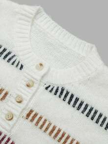 Nicenter Women's Round Neck Half Button Color Block Striped Sweater,White Elegant Wool Blend Sweaters,Fall Clothes For Women,Winter Fall Outfit For Daily Wear - Multicolor - View 5