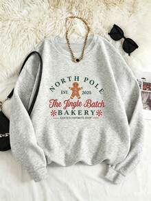 Women's Plus Size Pullover Hoodie, North Pole Gingerbread Print - Light Grey - View 2