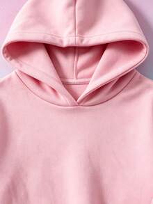 Kids Casual Long Sleeve Cute White Goose Letter Graphic Hoodie With Drawstring, Drop Shoulder Pullover Sweatshirt For Fall Streetwear - Pink - View 5