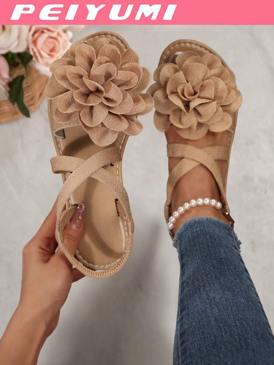 PEIYUMI Women's Flower Decor Criss-Cross Strap Sandals, Casual Beach Party Summer