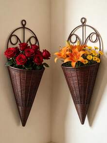 6pcs/4pcs Creative Simulation Fan Hanging Vase Flower Basket Triangle Wall Art Rattan Woven Wall Hanging Flower Device Indoor Decoration Hanging Basket Flower Pot Holder - Flower Basket - View 14