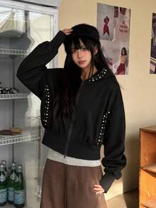 Sweet Cool Niche Style Pearl Decor Hooded Zip-Up Long Sleeve Jacket Women Autumn/Winter Cinched Waist Dropped Shoulder Loose Sweatshirt - Black - View 5