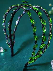 1Pc Shiny Multi Layer Rhinestone Headband Elegant Bridal Headpiece Fashion Women Wedding Party Prom Vacation Hair Accessory - Green - View 7