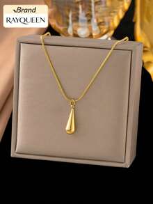 RAYQUEEN 1PC Stainless Steel Fashion Water Drop Pendant Necklace + Stud Earrings Jewelry, Suitable For Daily Wear - Gold - View 1