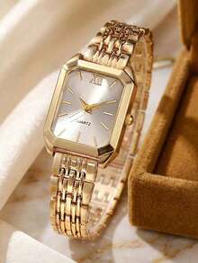 2pcs Elegant Women's Quartz Watch Set, Exquisite Square Minimalist Small Dial, Roman Numeral Gold Steel Band Women's Gold Watch, Paired With Polished Minimalist Gold Bracelet, High-End Women's Set, Exquisite And Elegant Hand Jewelry Accessories, Vintage Luxury Fashion Style, Suitable For National Day, Party, Wedding, Date, Back To School, Christmas, Thanksgiving, Halloween, Easter And Other Occasions, Minimalist And Elegant Enhances Outfit Texture, Best Gift For Women - Gold - View 4