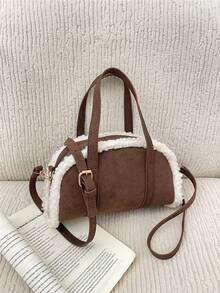1pc Maillard Vintage Style Lamb Wool Patchwork Handbag, Adjustable Shoulder Strap Crossbody Small Bag, Lightweight Shoulder Bag. Suitable For Girls/Children/Students, Suitable For Autumn Outings, Shopping, Daily Commute. - Multicolor - View 13