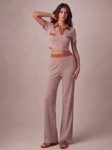 Casual Autumn Women's Striped 2 Pieces Set, Short Sleeve Shirt Collar Crop Top With Matching Wide Leg Pants, Slightly Stretchy Fabric - Burnt Orange - View 7