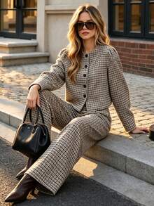 Fall Retro Plaid Cropped Jacket Women, Round Neck Puff Sleeve Button Up Top, Fall Winter Elegant Commuter Outerwear - Multicolor - View 8