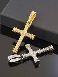 Full Rhinestone Twisted Double-Sided Cylindrical Cross Pendant Necklace, Rhinestone Cuban Chain, Men's Hip Hop Shiny Personalized Party Jewelry - Double-sided Full-diamond 3D Cross - View 4
