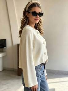 Women's Autumn/Winter French Gentle Style Round Neck Large Button Knit Cardigan, Loose Long Sleeve Bell Sleeve Elegant Versatile Crop Top - Off-white - View 4