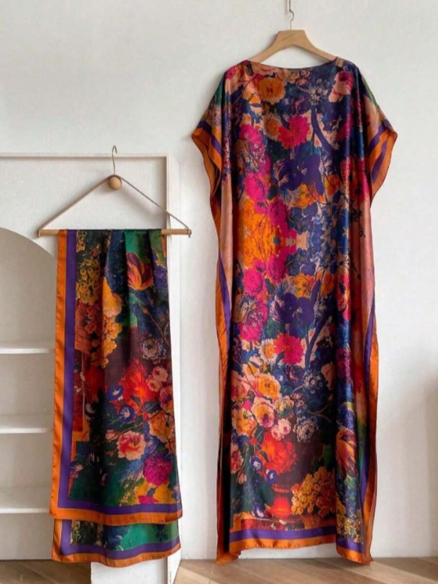 夏季女款仿絲綢緞面絲巾,復古時尚絲感桑蠶絲 90cm 正方形圍巾,防曬 - 彩色 - 查看 1