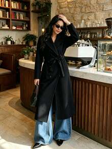 Women's Black Long Sleeve Woven Long Coat, Suitable For Autumn/Winter Wear, Non-Stretch Trench Coat - Black - View 3