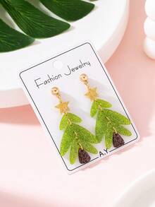 1 Pasang Anting-Anting Fashion Wanita Motif Patchwork Pohon Natal Berkilau, Cocok untuk Pesta Liburan dan Hadiah - Lime Green - View 3