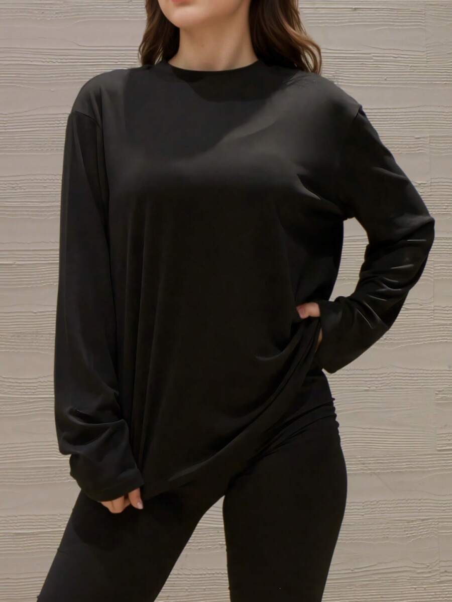 Slightly Dropped Shoulder Long Sleeve T-Shirt, Solid Black, Loose Casual Fit - Black - View 1
