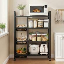 EZIFY Metal Rolling Kitchen Storage Rack With Spice Jars, Adjustable Cabinet Organizer, Space-Saving For Utensils/Pots/Pans, Dish Rack. - Black - 4-tier 4-basket - View 13