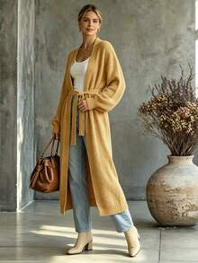 Women's Autumn/Winter Solid Color Tie-Front Ribbed Dropped Shoulder Lantern Sleeve Loose Mid-Length Knit Cardigan - Camel - View 2