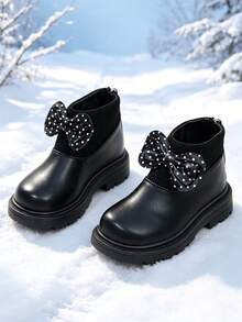 1 Pair Girls' Thermal Lined Elastic Boots, Elastic Knit Fabric + Soft PU Material, Round Toe Elastic Soft Sole With Back Zipper Design, Fashionable Warm Princess Style Boots, Suitable For Daily Wear, School, Festivals, Autumn/Winter New Arrival - Black - View 2