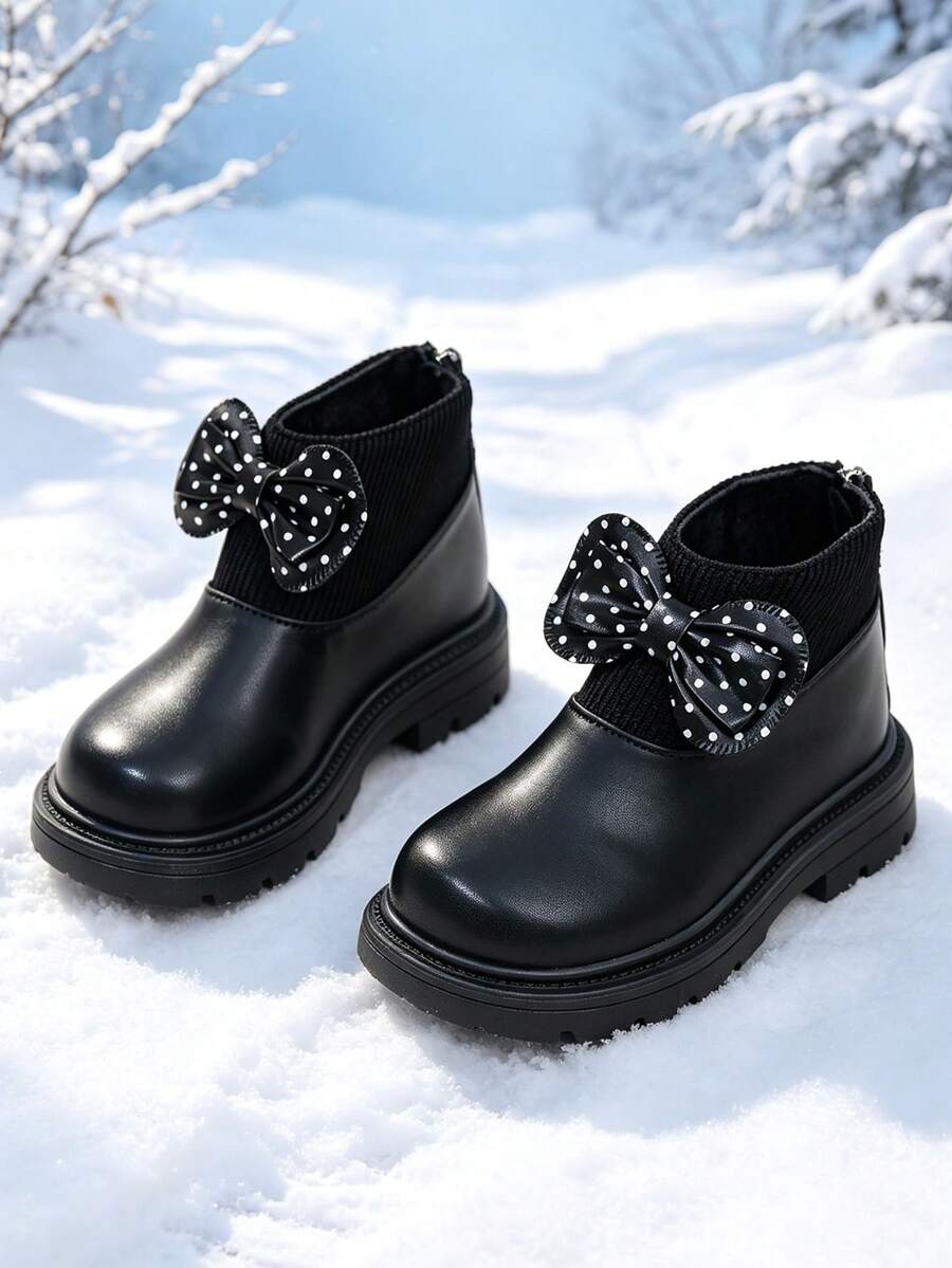 1 Pair Girls' Thermal Lined Elastic Boots, Elastic Knit Fabric + Soft PU Material, Round Toe Elastic Soft Sole With Back Zipper Design, Fashionable Warm Princess Style Boots, Suitable For Daily Wear, School, Festivals, Autumn/Winter New Arrival