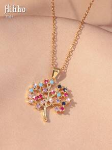 Hihho 1pc Tree Of Life Colorful Zirconia Necklace For Women, Gold Lucky Tree Pendant, Luxury Versatile Daily Collarbone Chain Gift (Random Color Zirconia) - Tree Of Life - View 9