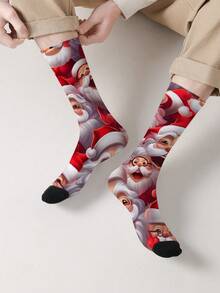 1 Pair 360° Christmas Themed Printed Mid-Calf Socks, Men's Novelty Fun Print Mid-Calf Socks - Red - View 3