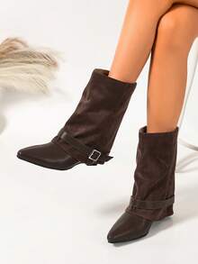 DENGWEISI Brown Patchwork Slip-On Mid-Calf Boots With Wedge Heel, Mid Heel, Square Toe, Strap Buckle, European And American Fashion Western Style, Casual Versatile For Vacation, Office, Commute, Daily Wear, Spring And Autumn - Coffee Brown - View 2