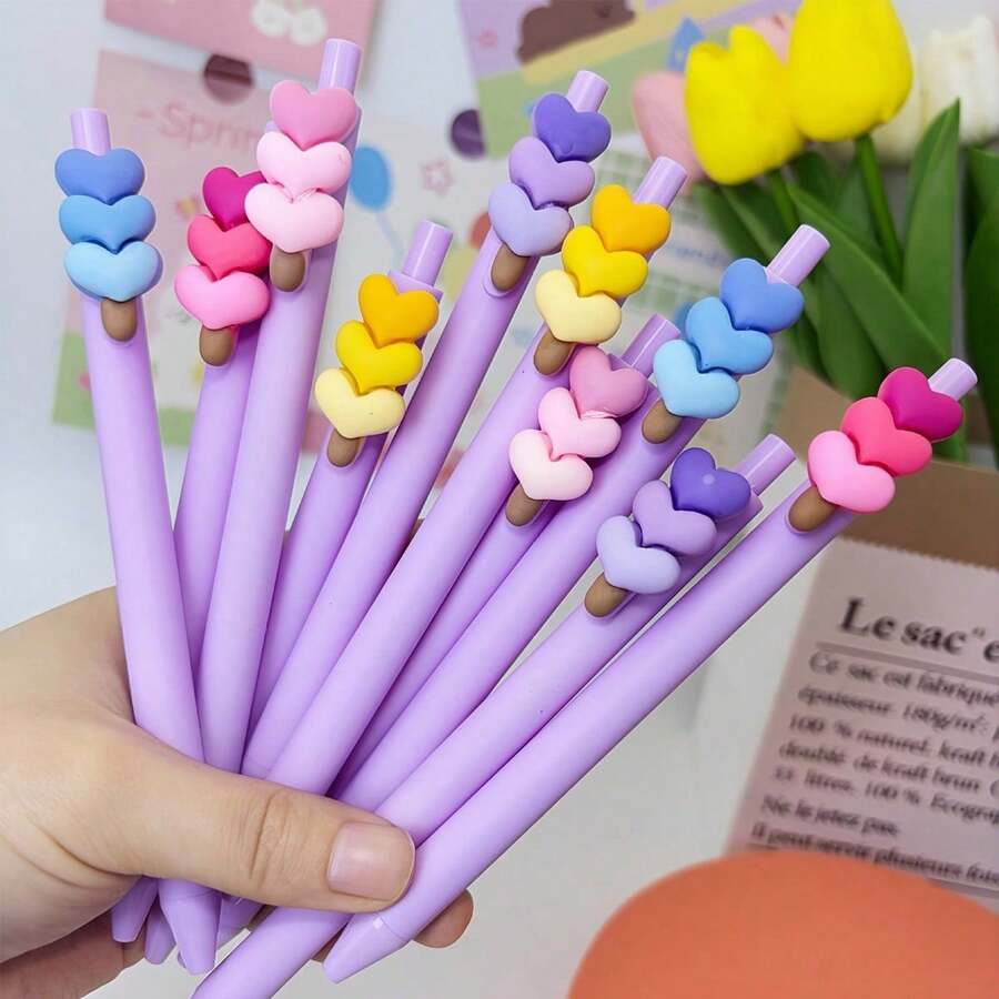 16pcs Heart Decor Retractable Neutral Pens, Matte Purple Barrel 1.0mm Smooth Ink, Cute Aesthetic Stationery, Suitable For Student Notes, Planner, Office Daily Writing, Multi-Color Macaron Heart Decor, Office Supplies, School Supplies - Multicolor - View 1