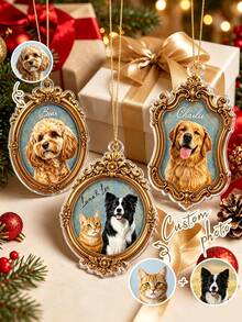 Personalized Pet Photo Christmas Ornament, Custom Acrylic Xmas Tree Hanging Ornament With Vintage Golden Frame, Customized Cat & Dog Portrait Keepsake Gift For Pet Lovers - Multicolor - View 1