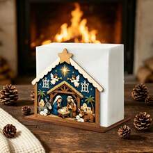 Christmas Nativity Scene Wooden Napkin Holder, Holy Family Angel And Farm Animal Pattern Paper Towel Holder, Winter Holiday Kitchen Table Decor, Christmas Tabletop Napkin Organizer (Paper Towels Not Included) - Multicolor - View 1