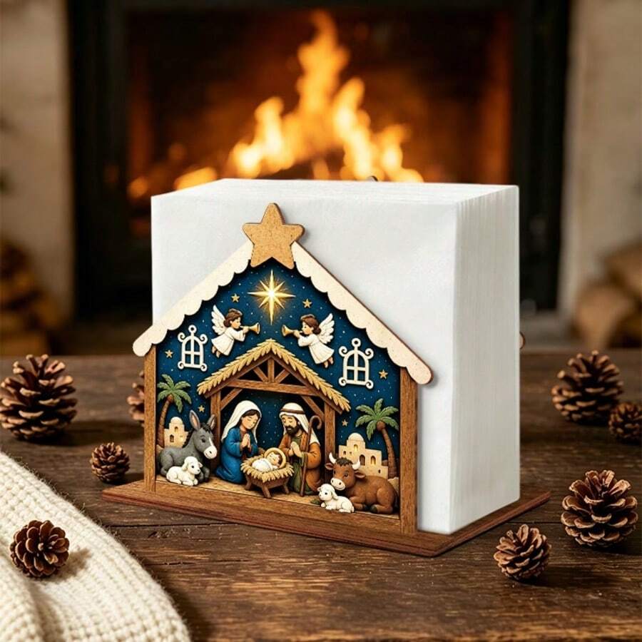 Christmas Nativity Scene Wooden Napkin Holder, Holy Family Angel And Farm Animal Pattern Paper Towel Holder, Winter Holiday Kitchen Table Decor, Christmas Tabletop Napkin Organizer (Paper Towels Not Included) - Multicolor - View 1