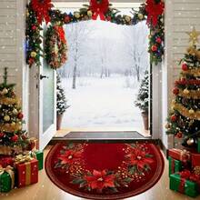 1pc Red Poinsettia & Holly Christmas Welcome Doormat - Semi-Circle Indoor/Door Mat, Suitable For Christmas Winter Decor, Machine Washable Holiday Entrance Mat With Poinsettia Pattern - A - View 2