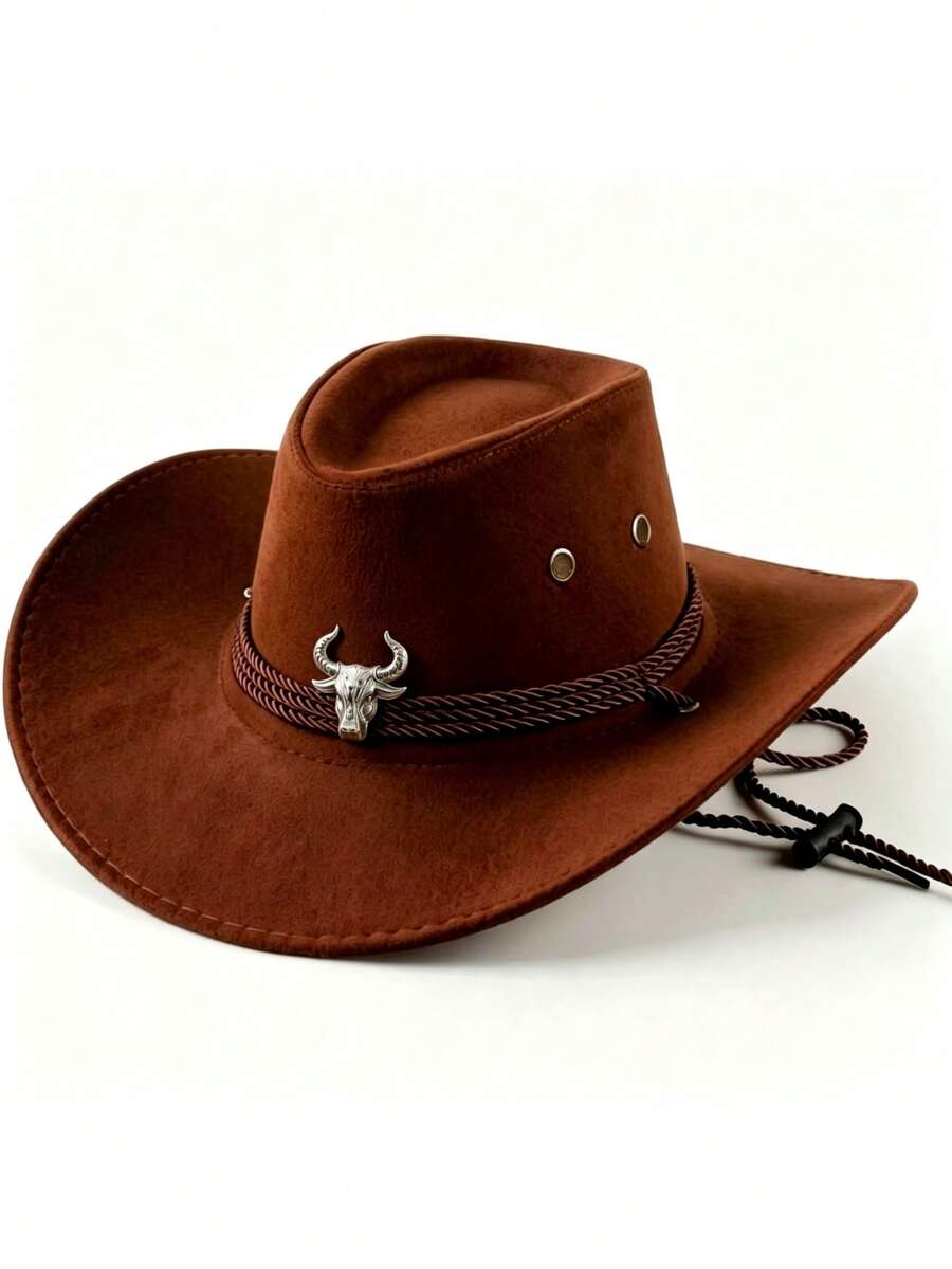 1pc Unisex Western Cowboy Hat, Sun Protection Jazz Hat, Suitable For All Seasons, Ideal For Outdoor Activities, Horse Riding, Gatherings And Photography. Foldable And Easy To Carry. - Double-rope Plush Cow - View 1