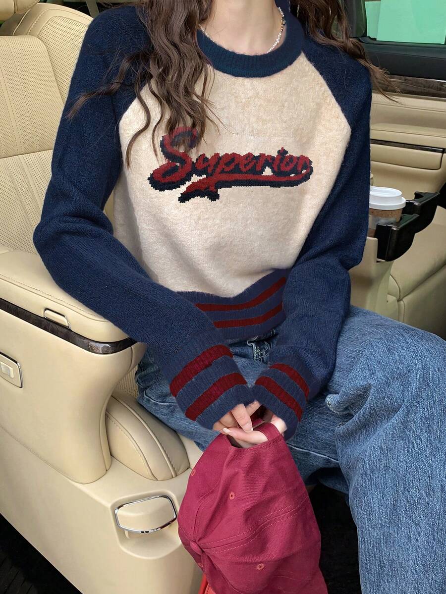 Sweater Leher Bulat Gaya Kampus Amerika Minimalis Kasual Wanita - Krem - View 1
