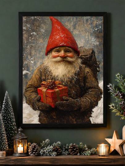 1pc Gnome With Tree Art Print, Scandi Christmas Holiday Decor, Gnome With Gift Art Print, Bedroom Decor,LivingRoom Decor,Dorm Decor,Wall Arts,Wall Decor,Home Decor,Room Decor, Canvas Wall Art, Posters,Wall Art With Frame,Optional Frame