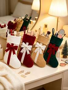 1pc Velvet Christmas Stocking With Classic Bow, Spacious Interior For Cosmetics, Candy And Small Gifts, Perfect Hanging Decoration For Fireplace, Christmas Tree And Home - Multicolor - View 5