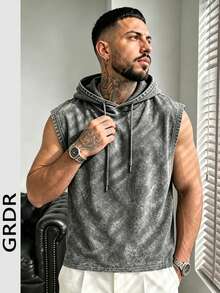 GRDR Summer Men's Vintage Minimalist Solid Color Washed Distressed Hooded Tank Top, Street Casual Fashion Loose Fit Versatile - Dark Grey - View 2