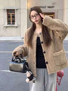 Jaket Kulit & Bulu Fleece Wanita Musim Gugur/Dingin Terbaru, Lapisan Termal Tebal, Gaya Retro Vintage - Khaki - View 1