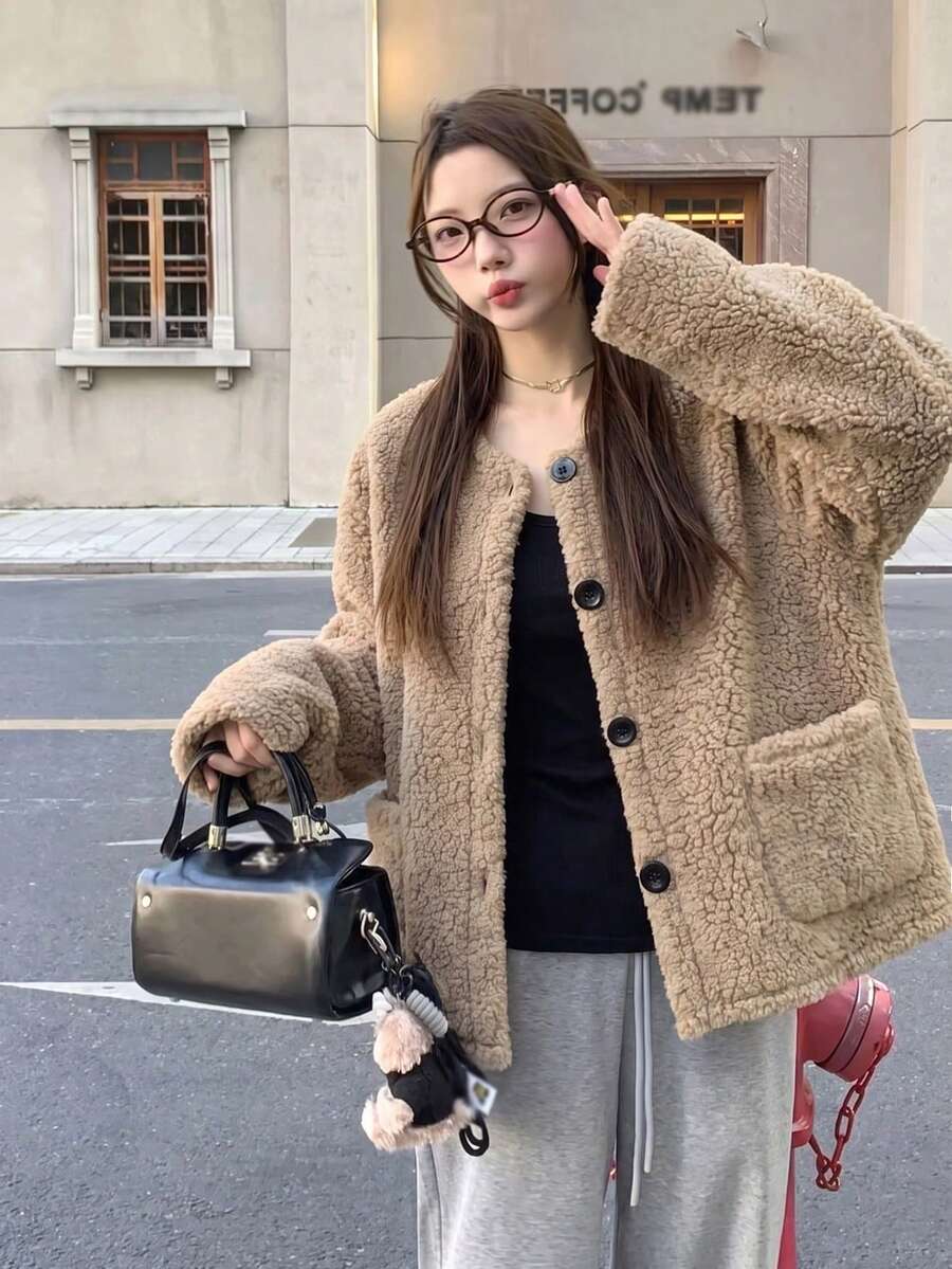 Jaket Kulit & Bulu Fleece Wanita Musim Gugur/Dingin Terbaru, Lapisan Termal Tebal, Gaya Retro Vintage - Khaki - View 1