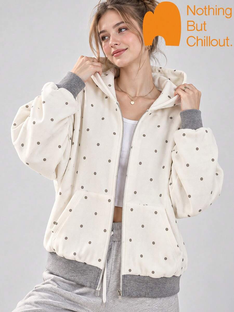 Chaqueta de punto con capucha y lunares vintage de nicho para mujer NBCT, chaqueta casual de manga larga estilo streetwear relajado para uso diario, deportes, actividades al aire libre, viajes, versátil - Blanco grisáceo - Ver 1