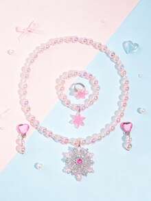 5pcs/Set Christmas Snowflake Pendant Crystal Beaded Necklace Bracelet Ring Ear Clips Children Jewelry Set Cute Jewelry Accessories Gift For Girls - Multicolor - View 5
