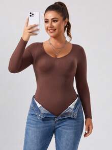 3pcs Plus Size Women Seamless Sculpting Bodysuit Tummy Control Long Sleeve Scoop Neck Base Layer Top Fall Winter - Multicolor - View 7