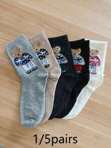 5 Pairs Women's Winter Mid-Calf Socks - Comfortable & Warm, Teddy Bear & Mushroom Lining, Machine Washable, 5 Colors Available (Brown/Grey/Black), Suitable For Casual & Formal Occasions, Cute Animal Pattern Design, Warm & Soft, Flannel Material, Must-Have For Sock Lovers, 10 Pairs/2 Pairs Christmas Gift - Multicolor - View 10